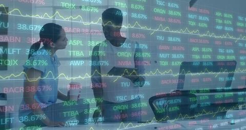 Diverse Business Professionals with Digital Stock Market Overlay