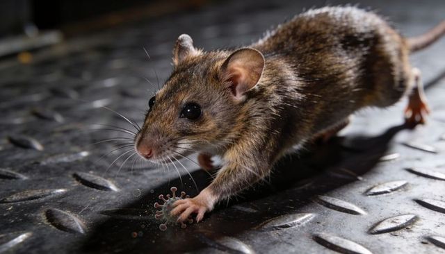 Brown rat exploring metal diamond-plate floor reaching paw toward virus-like particle
