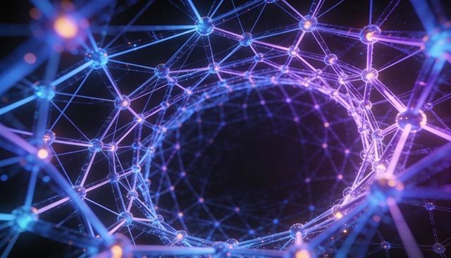 Spiraling neon lattice network with glowing nodes and tubular vortex for tech backgrounds