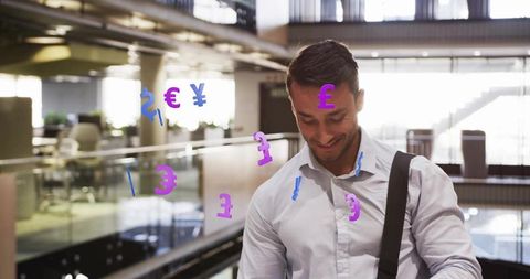 Businessman Walking Through Office with Holographic Currency Symbols