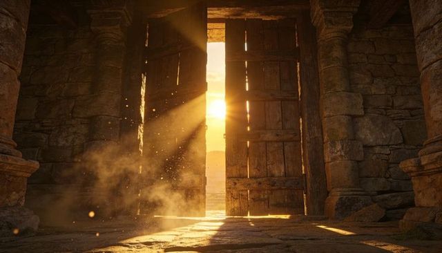 Sunlight streaming through worn wooden double doors in ancient stone gateway