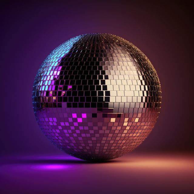 Depicting a disco ball with reflective tiles, this image showcases vibrant and colorful lighting, making perfect use for promoting parties, nightclubs, and festive events. Its elegance and shiny details add a touch of sophistication, ideal for modern interior design inspirations and creative projects looking to capture a lively atmosphere.