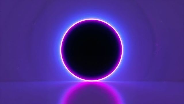 Neon Ring Eclipse Glowing Magenta Cyan Halo on Purple Minimalist Reflective Circle Scene