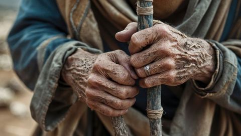 Elderly person's hands tightly grip a wooden staff wrapped with rope, showcasing weathered skin full of character and a simple metal ring, set against a natural rocky background. This image evokes the spirit of an exodus journey - resilience, determination, aging, and living in harmony with nature. Ideal for articles on aging gracefully, outdoor adventures for seniors, or narratives focusing on life journeys endured and wisdom gained.