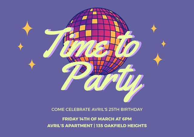 Perfect for vintage-themed party invitations and social media posts to attract guests to a disco-themed celebration. Use this engaging design for event planning, printed invitations, digital cards, and event promotions. Suitable for any vibrant party atmosphere.