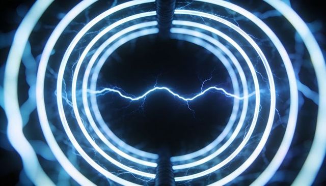 Electrified neon rings forming energy tunnel with central plasma arc and radial coils