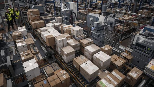 Sorting parcels on automated warehouse conveyor with workers in safety vests