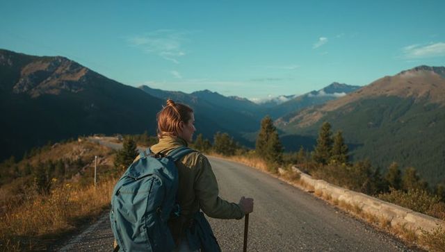 Solo hiker walking alpine road with large backpack and wooden trekking pole at sunset