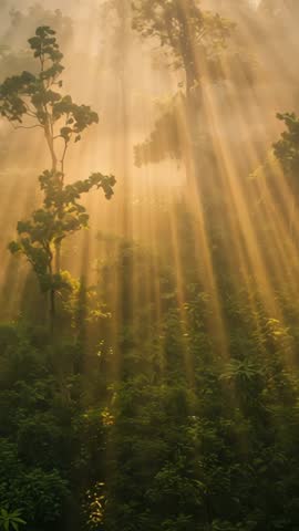 Vertical video: Sunrise casting golden rays through misty tropical forest canopy