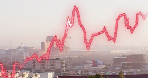 Digital graph overlay on urban cityscape with rising red line