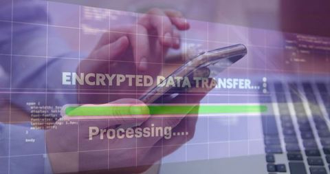 Encrypted data transfer taking place on smartphone by professional