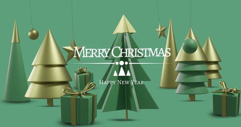 digital christmas scene featuring stylized trees, gifts, and festive ornaments on a green background with merry christmas and happy new year text. ideal for holiday greeting cards, seasonal marketing materials, and festive digital designs.