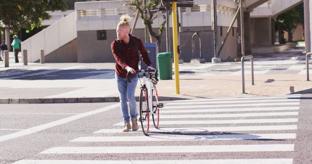 Person Walking Bicycle Across Urban Crosswalk on Sunny Day - Download Free Stock Images Pikwizard.com