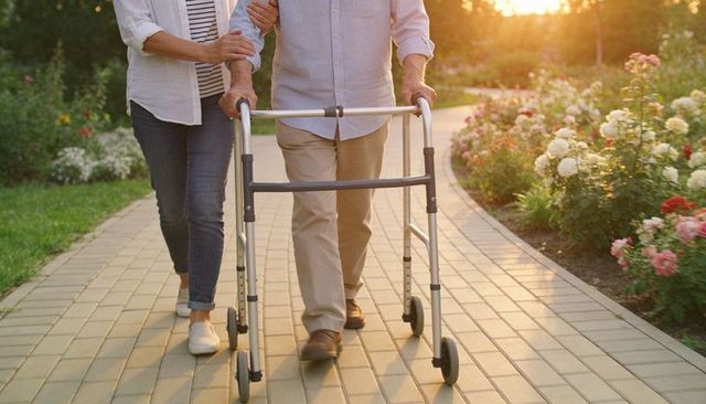 Senior man using rollator with caring companion walking rose-lined garden path at sunset