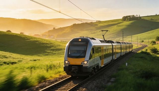 Electric train gliding across curved track through rolling green hills at golden hour