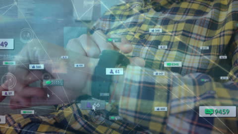 Man Engaged with Smartwatch Amid Social Media Indicators