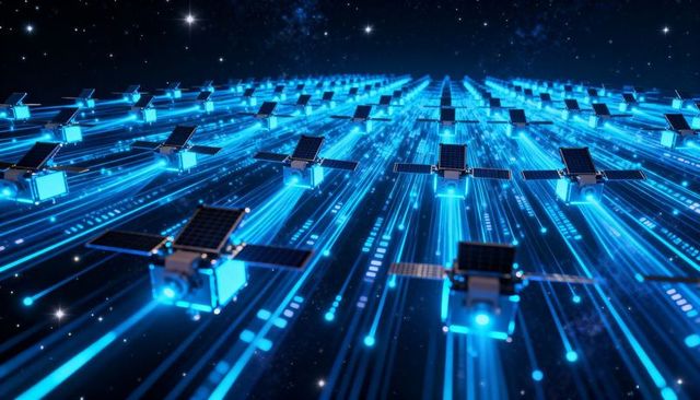 Dense CubeSat Constellation Forming Glowing Data Lanes in Low Earth Orbit