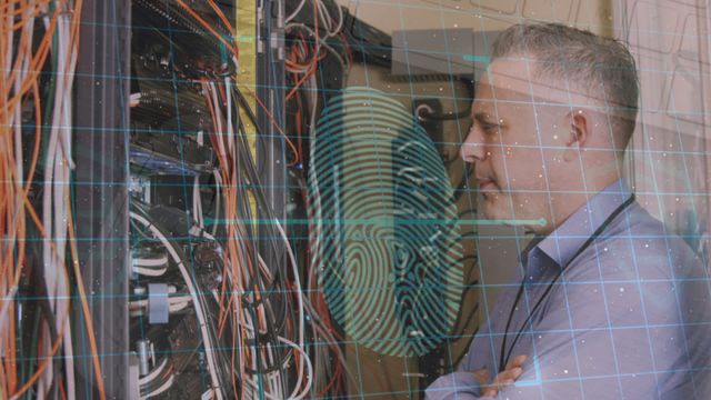 A technician is observing wires and servers in a maintenance room, accompanied by digital illustrations of fingerprint scanning and security locks, symbolizing cybersecurity. This image underlines the integration of technology and security. Ideal use includes IT security presentations, articles on server management, and digital safety brochures.