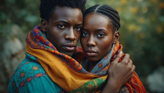 Bohemian couples portrait in colorful scarves outdoors