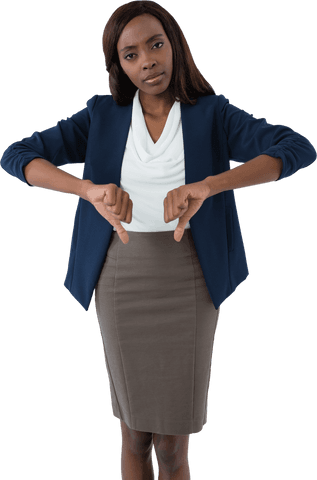 Serious businesswoman giving thumbs down on transparent background