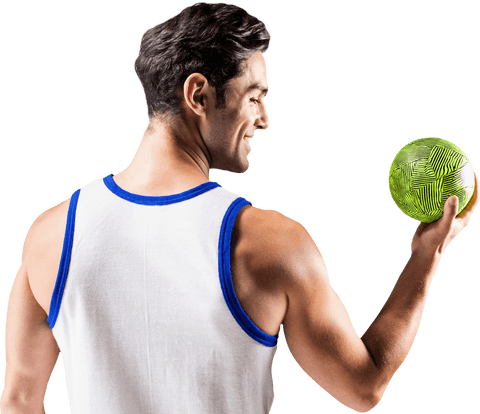 Smiling Athlete Holding Transparent Ball Looking Over Shoulder