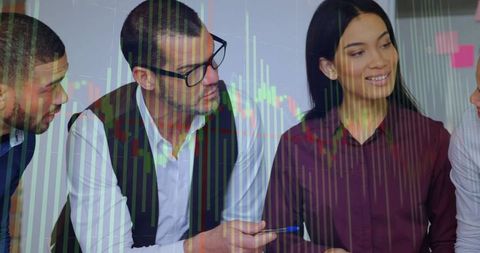 Diverse Team Collaborating with Financial Graphic Overlay