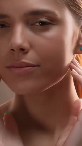 Vertical skincare tutorial: woman massaging face with turquoise nails soft studio light