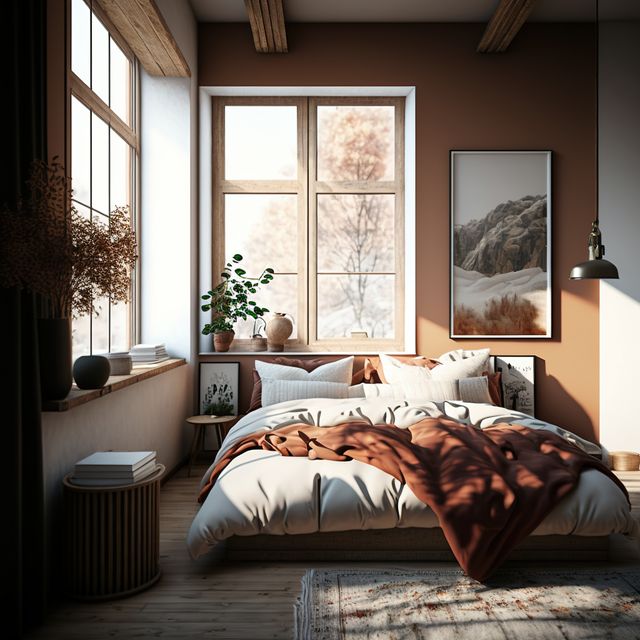 Bedroom with bed, plants and large windows, created using generative ai technology. Eclectic style house interior decor concept digitally generated image.