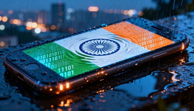Smartphone displaying indian tricolor over binary code on rainy urban rooftop at night