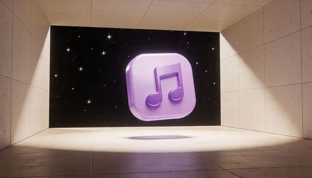 Glossy purple music icon levitating in minimalist concrete gallery with starry backdrop