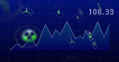 Displaying energy emissions line chart monitoring co levels with wind turbine icons and analytics