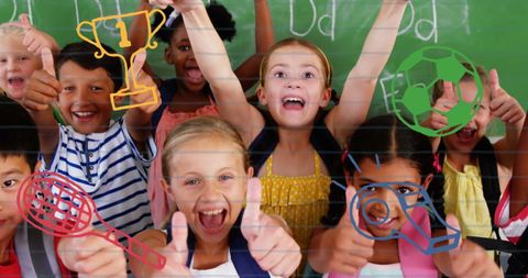 Joyful Elementary Students Giving Thumbs Up with Sports Icons - Download Free Stock Images Pikwizard.com