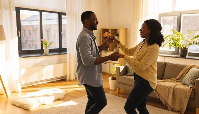 Couple dancing in sunlit living room sharing joyful moment of togetherness and romance