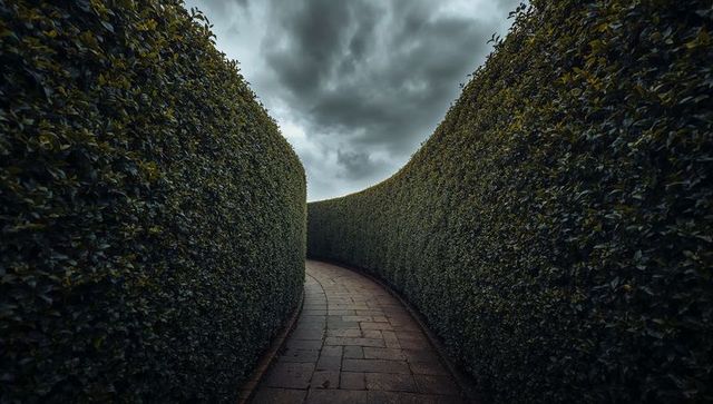 Curving Stone Pathway Winding Through Tall Clipped Hedges Under Moody Storm Clouds