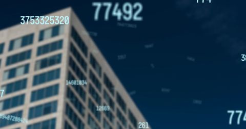Abstract Financial Concept with Glowing Numbers and Office Building