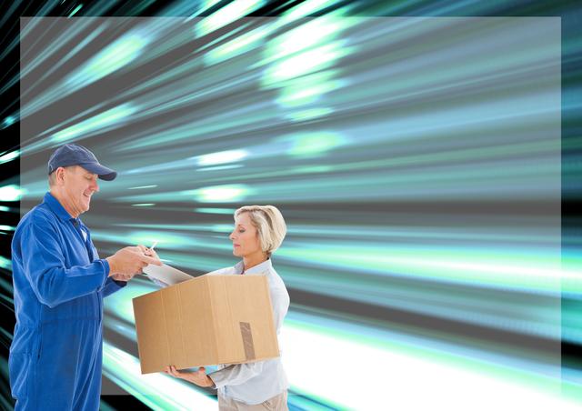 Delivery man in blue uniform handing a cardboard box to a woman, set against a dynamic, futuristic background with blue streaks. Ideal for illustrating concepts of fast delivery, modern logistics, and efficient shipping services. Suitable for use in advertisements, websites, and promotional materials related to courier services, e-commerce, and customer service.