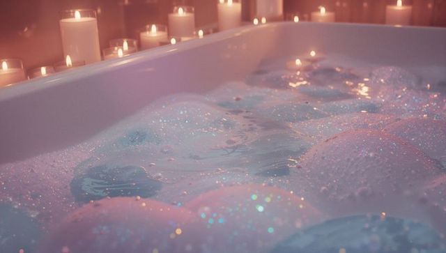 Opulent bubble bath with iridescent foam and candlelight ambiance