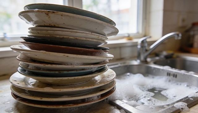Stacked dirty plates beside soapy stainless steel sink with bubbles and daylight window