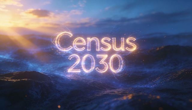 Census 2030 glowing holographic lettering hovering above cinematic ocean waves at sunrise
