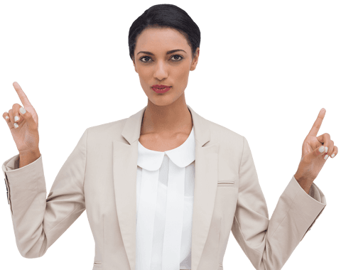 Confident Businesswoman Raising Hands Enhancing Message Clarity