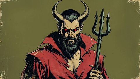 Fantasy horned satan with trident evoking dark atmosphere