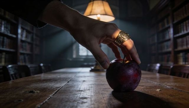 Mystic hand wearing ornate gold ring reaching for dark red apple on old library table