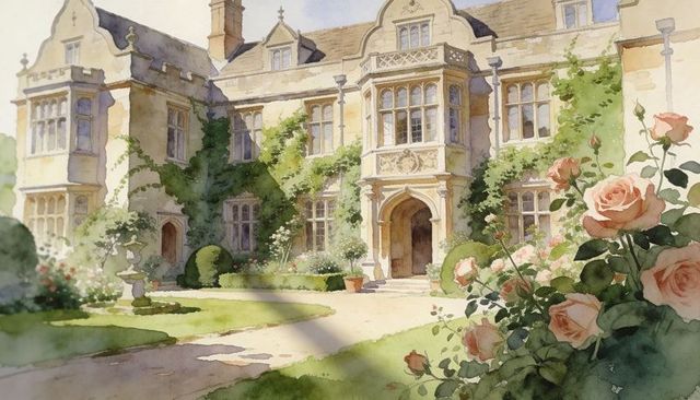 Sunlit english manor blooming with rose garden and climbing ivy, fountain watercolor