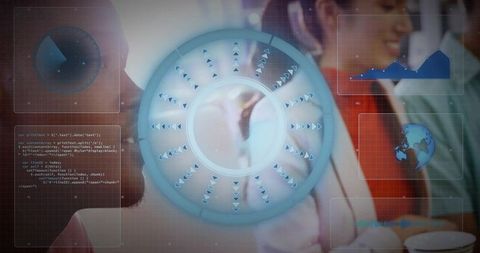 Projecting holographic data ring overlay with analytics hud and corporate team on corridor