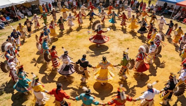 Spinning lead dancer anchoring vibrant native american powwow circle in ceremonial regalia