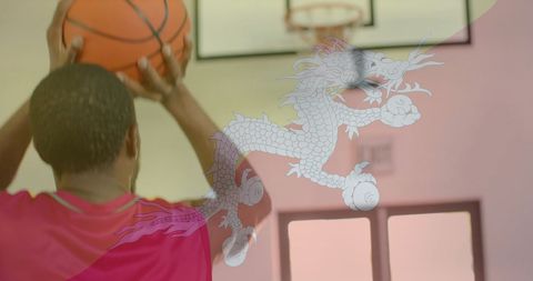 Bhutan Flag Overlay on Basketball Player in Gym Setting