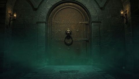 Mysterious Iron-Studded Door in Dimly Lit Gothic Chamber