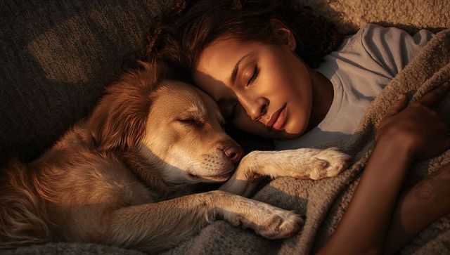 Woman cuddling golden retriever on sofa under cozy blanket in warm sunset glow at home