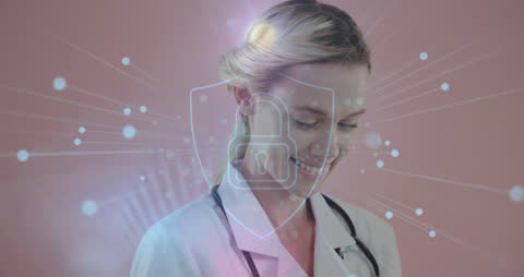 Female Doctor Smiling While Using Digital Tablet with Security Icon
