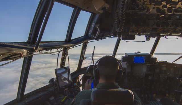 The immense glass windshield on the C130 affords a panoramic view of the world. This plane typically flies with a pilot, copilot and flight engineer on the flight deck, as well as an air crewman in the main cabin.  ---  The <b><a href="http://naames.larc.nasa.gov/" rel="nofollow">North Atlantic Aerosols and Marine Ecosystems Study </a></b> (NAAMES) is a five year investigation to resolve key processes controlling ocean system function, their influences on atmospheric aerosols and clouds and their implications for climate.  Michael Starobin joined the NAAMES field campaign on behalf of Earth Expeditions and NASA Goddard Space Flight Center’s Office of Communications. He presented stories about the important, multi-disciplinary research being conducted by the NAAMES team, with an eye towards future missions on the NASA drawing board. This is a NAAMES photo essay put together by Starobin, a collection of 49 photographs and captions.  Photo and Caption Credit: Michael Starobin   <b><a href="http://www.nasa.gov/audience/formedia/features/MP_Photo_Guidelines.html" rel="nofollow">NASA image use policy</a></b>  <b><a href="http://www.nasa.gov/centers/goddard/home/index.html" rel="nofollow">NASA Goddard Space Flight Center</a></b> enables NASA’s mission through four scientific endeavors: Earth Science, Heliophysics, Solar System Exploration, and Astrophysics. Goddard plays a leading role in NASA’s accomplishments by contributing compelling scientific knowledge to advance the Agency’s mission.  <b>Follow us on <a href="http://twitter.com/NASAGoddardPix" rel="nofollow">Twitter</a></b>  <b>Like us on <a href="http://www.facebook.com/pages/Greenbelt-MD/NASA-Goddard/395013845897?ref=tsd" rel="nofollow">Facebook</a></b>  <b>Find us on <a href="https://www.instagram.com/nasagoddard/?hl=en" rel="nofollow">Instagram</a></b> 